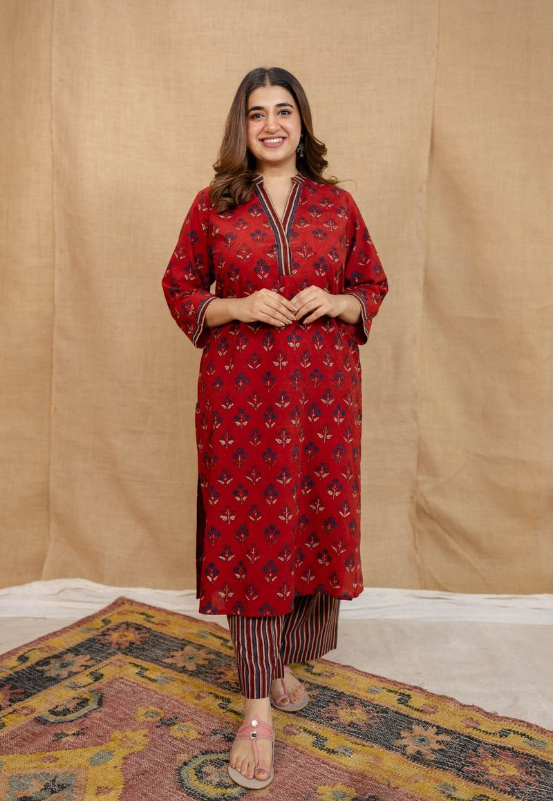 Yanha Red Ajrakh Cotton Straight Kurta