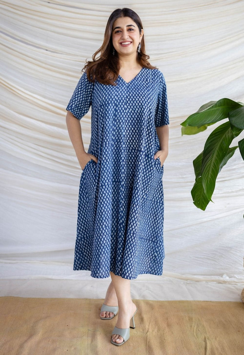 Manal Indigo Dabu Slub Cotton A Line Dress