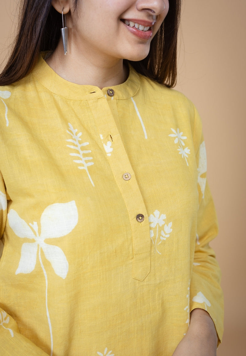 Azha Yellow Dabu Slub Cotton Straight Kurta