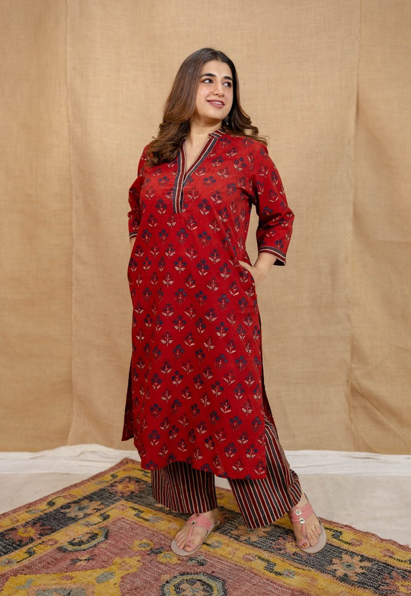 Yanha Red Ajrakh Cotton Straight Kurta