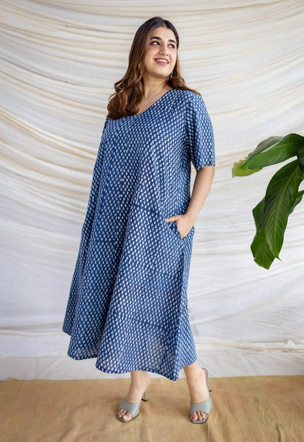 Manal Indigo Dabu Slub Cotton A Line Dress