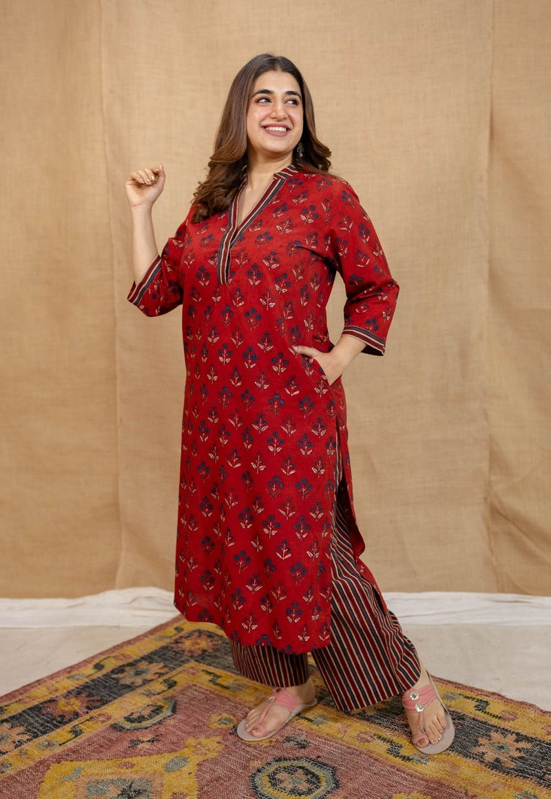 Yanha Red Ajrakh Cotton Straight Kurta