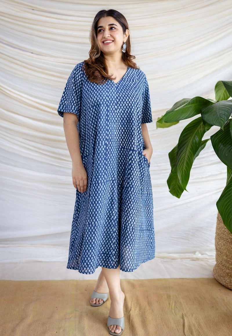 Manal Indigo Dabu Slub Cotton A Line Dress