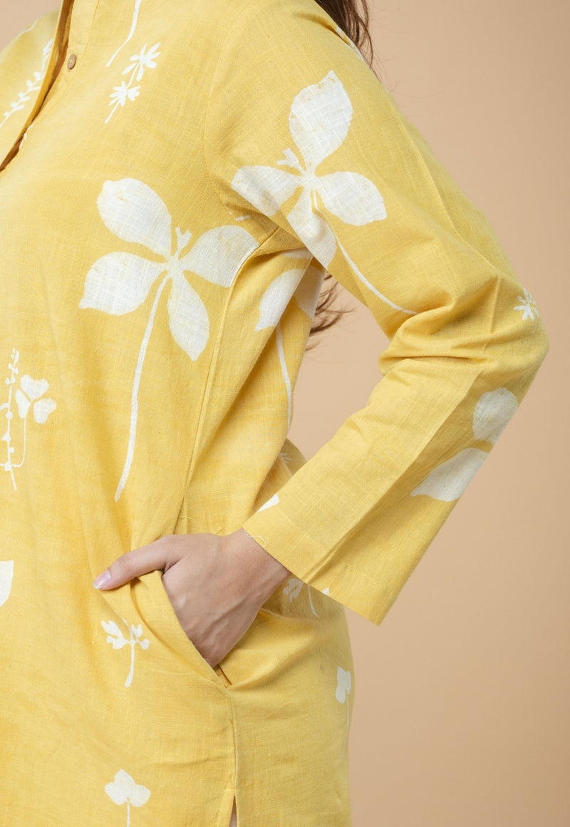 Azha Yellow Dabu Slub Cotton Straight Kurta