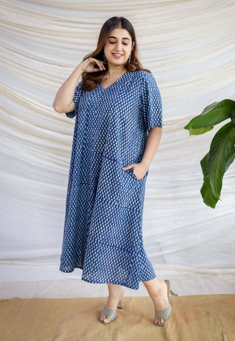 Manal Indigo Dabu Slub Cotton A Line Dress