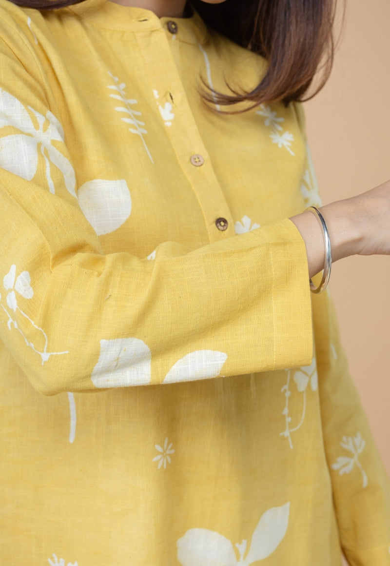Azha Yellow Dabu Slub Cotton Straight Kurta