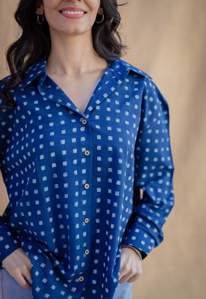 Ruhi Indigo Dabu Cotton Loose Shirt