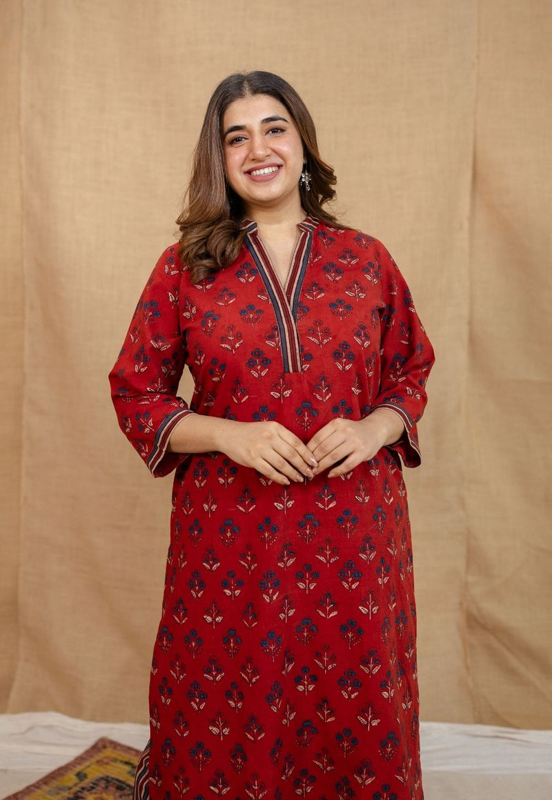 Yanha Red Ajrakh Cotton Straight Kurta