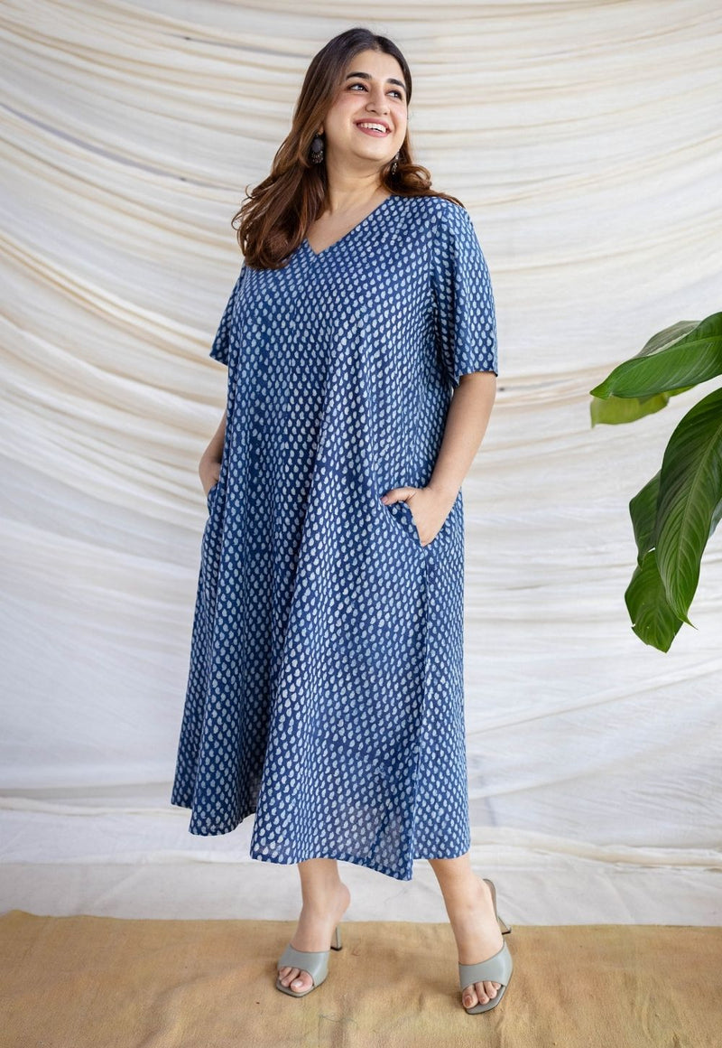 Manal Indigo Dabu Slub Cotton A Line Dress