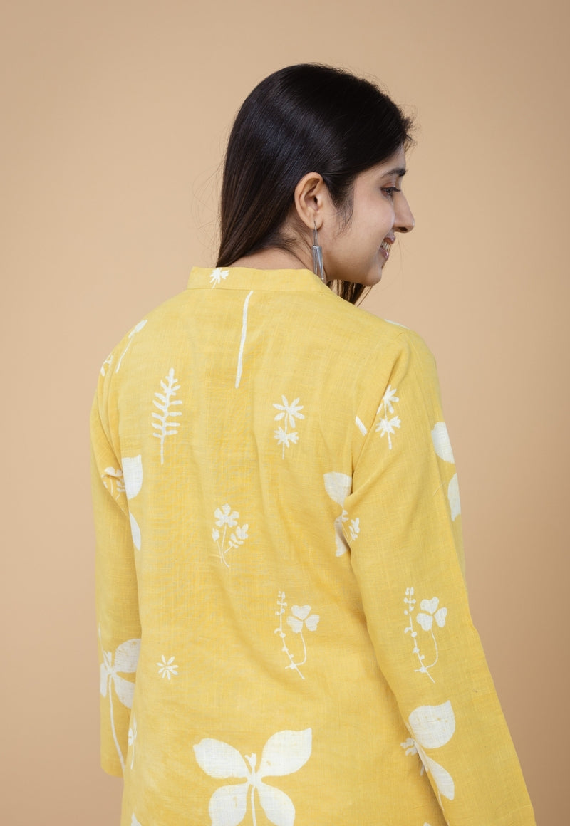 Azha Yellow Dabu Slub Cotton Straight Kurta