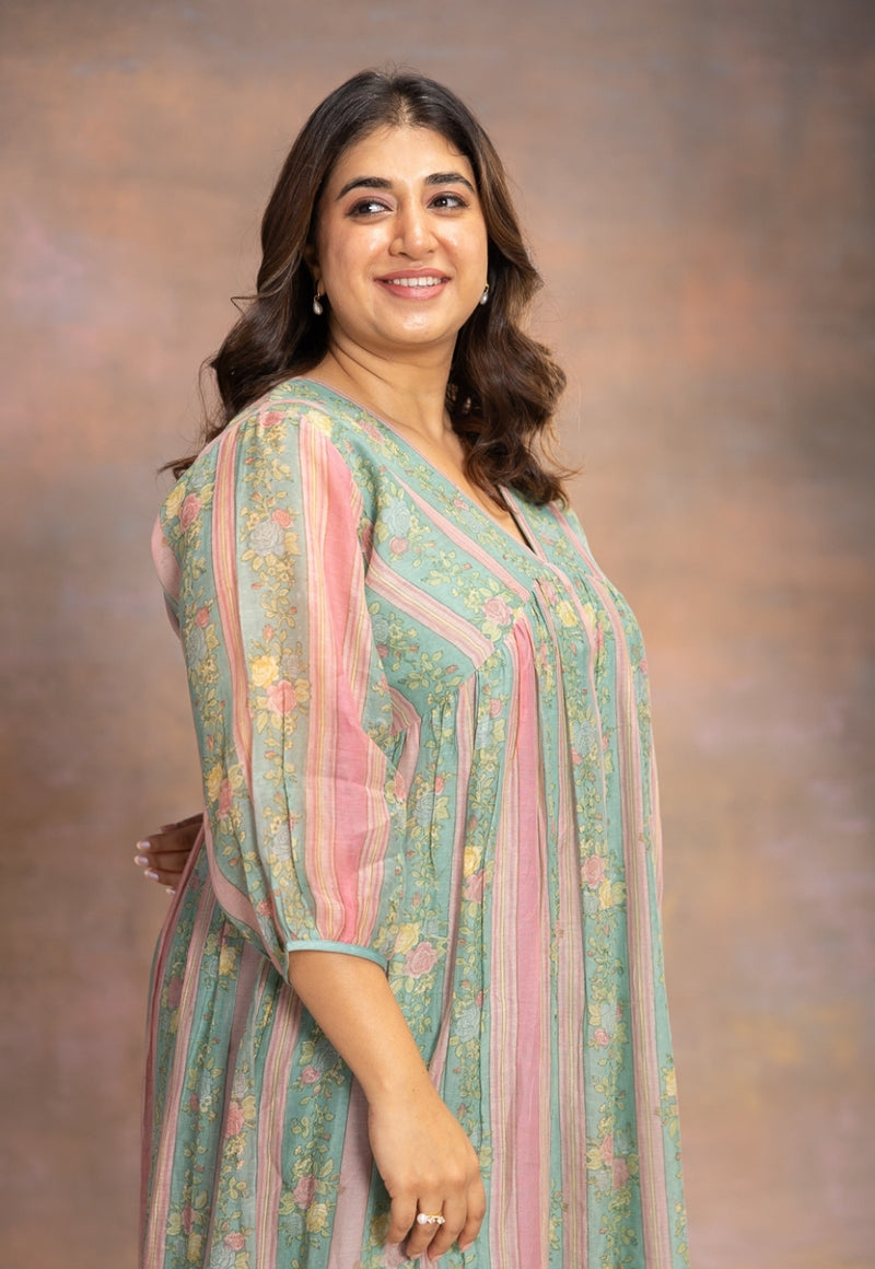 Rosy Blue Sanganeri Chanderi Silk A Line Dress with Hand Embroidery