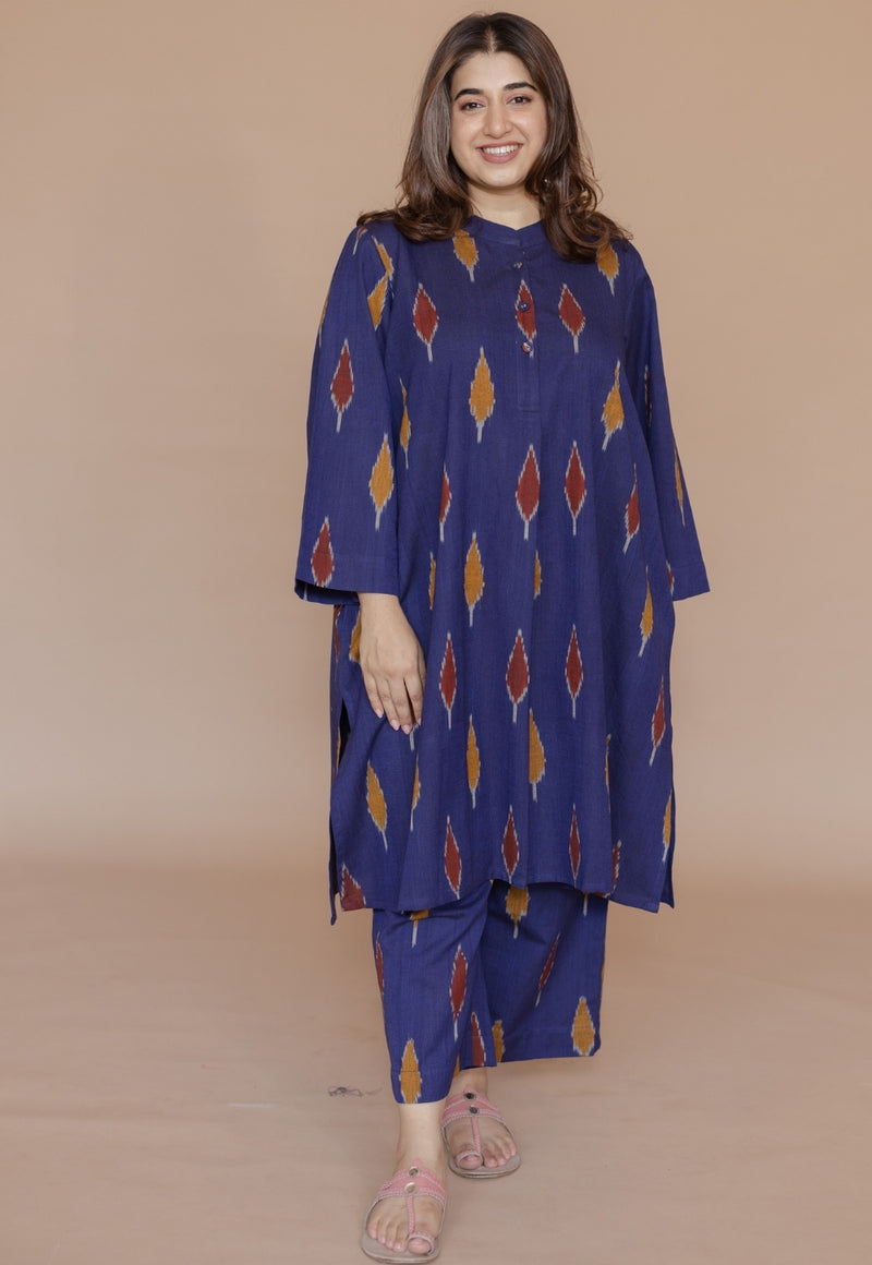 Ayaat Blue Handloom Ikkat Cotton Straight Kurta