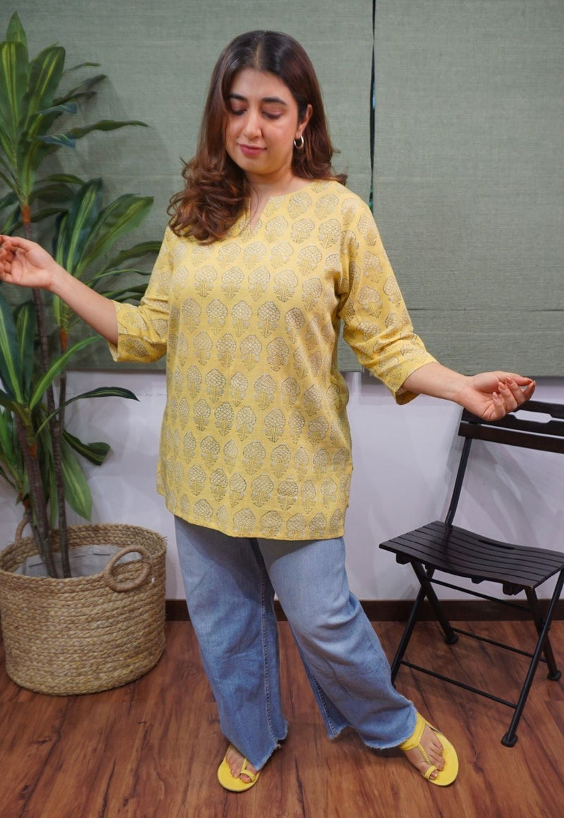 Yellow Dabu Slub Cotton Top