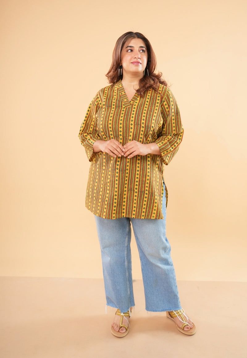 Alisha Yellow Ajrakh Cotton Straight Short Top