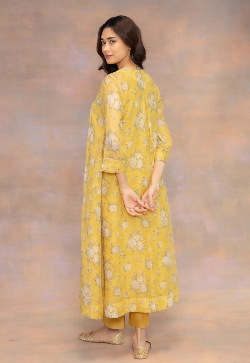 Rosa Yellow Sanganeri Chanderi Silk A Line Kurta with Hand Embroidery and Slip