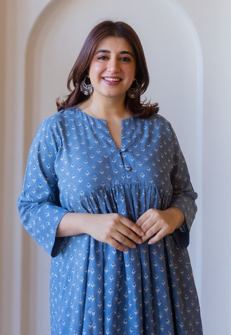 Apurva Blue Cotton Ajrakh A Line Kurta