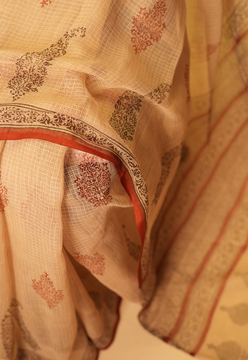 Beige Butta Bagru Hand Block Print Kota Doria Saree
