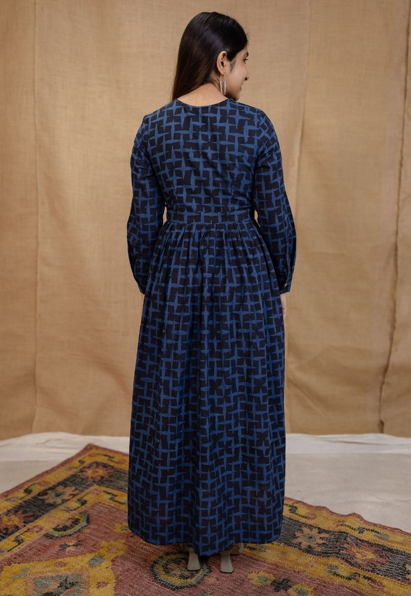 Kimaya Indigo Ajrakh Cotton A Line Dress