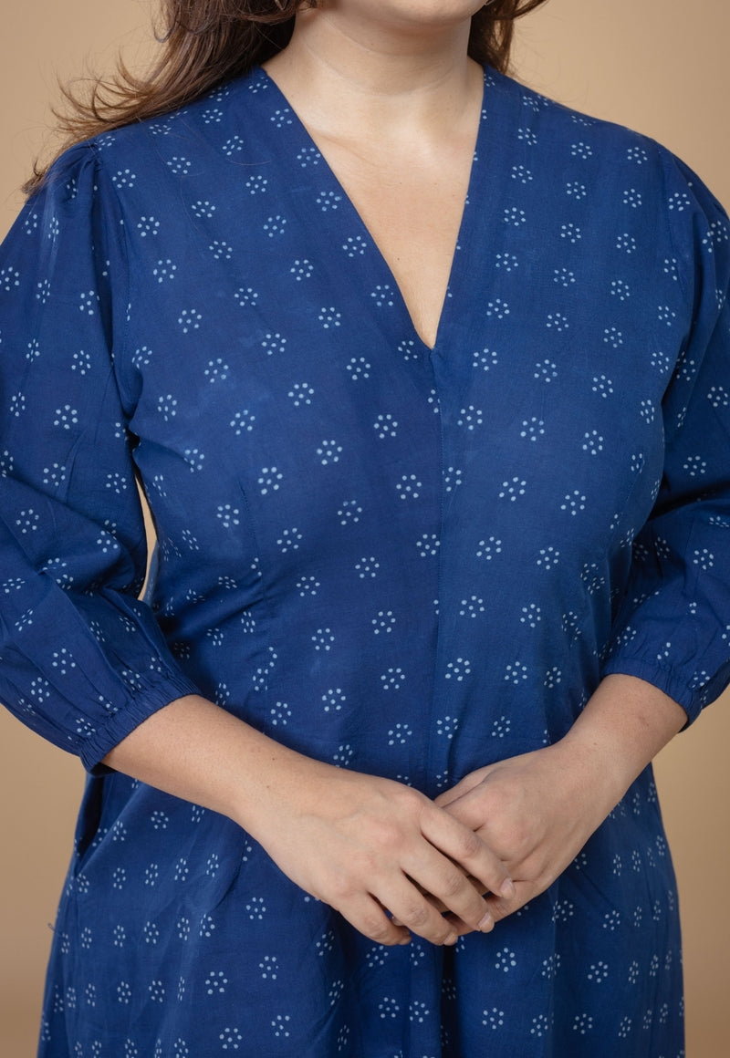 Eyza Blue Dabu Cotton A Line Dress