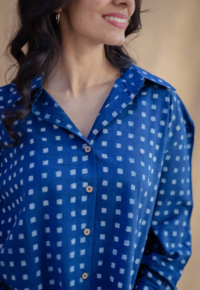 Ruhi Indigo Dabu Cotton Loose Shirt