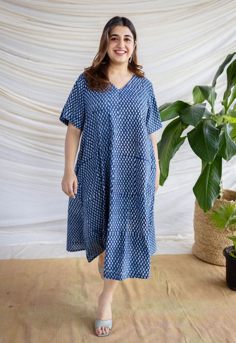 Manal Indigo Dabu Slub Cotton A Line Dress