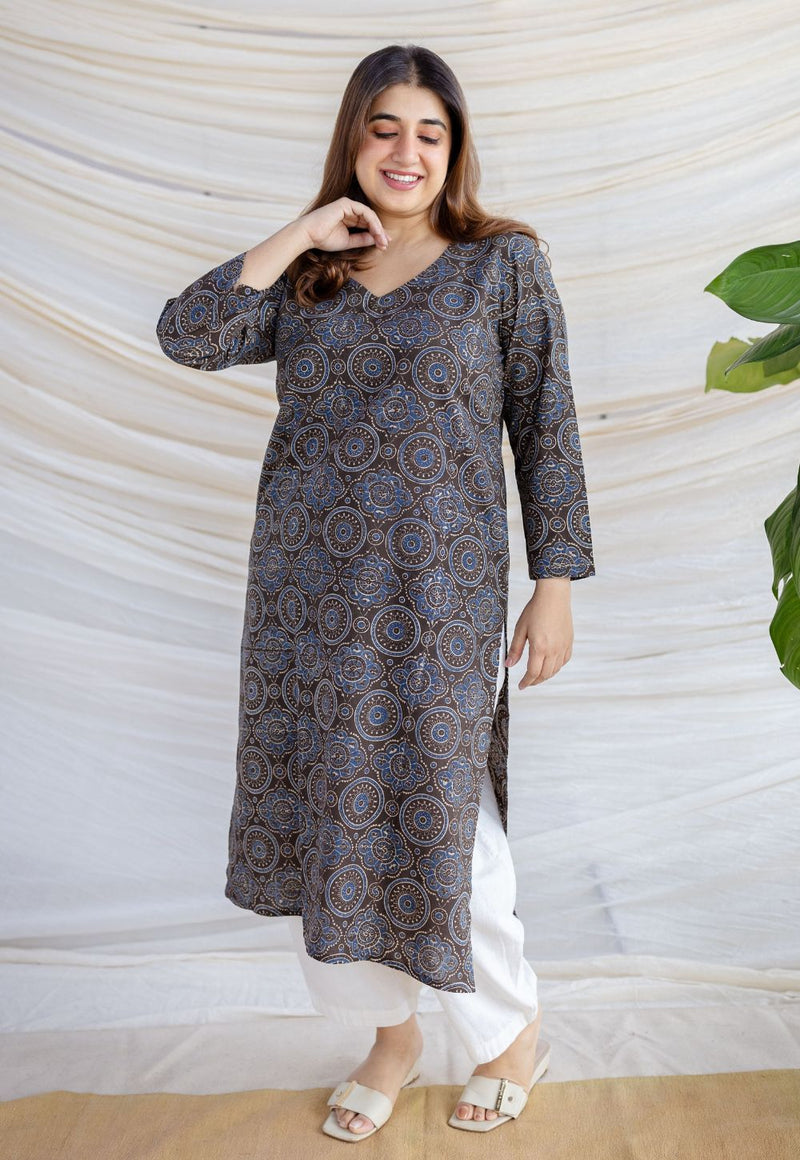 Aarushi Dark Brown Ajrakh Cotton Straight Kurta