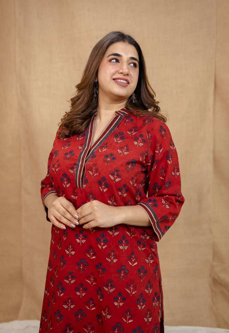 Yanha Red Ajrakh Cotton Straight Kurta