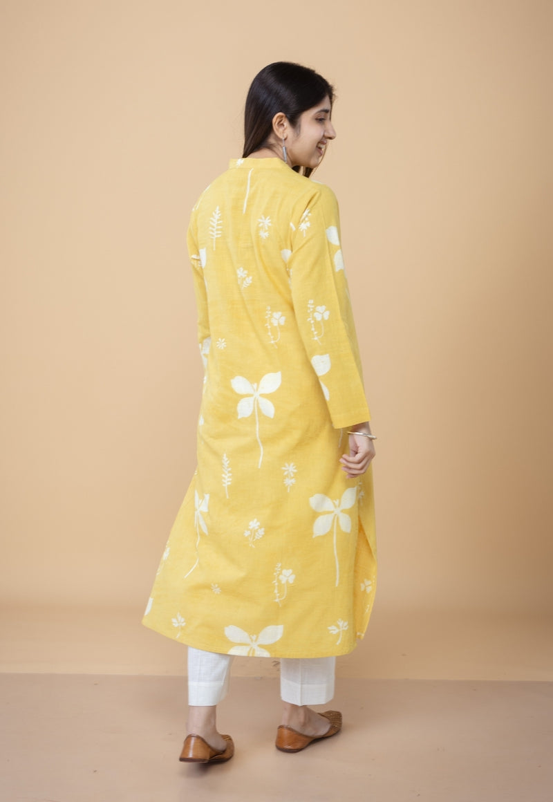Azha Yellow Dabu Slub Cotton Straight Kurta
