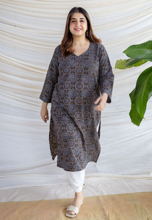 Aarushi Dark Brown Ajrakh Cotton Straight Kurta