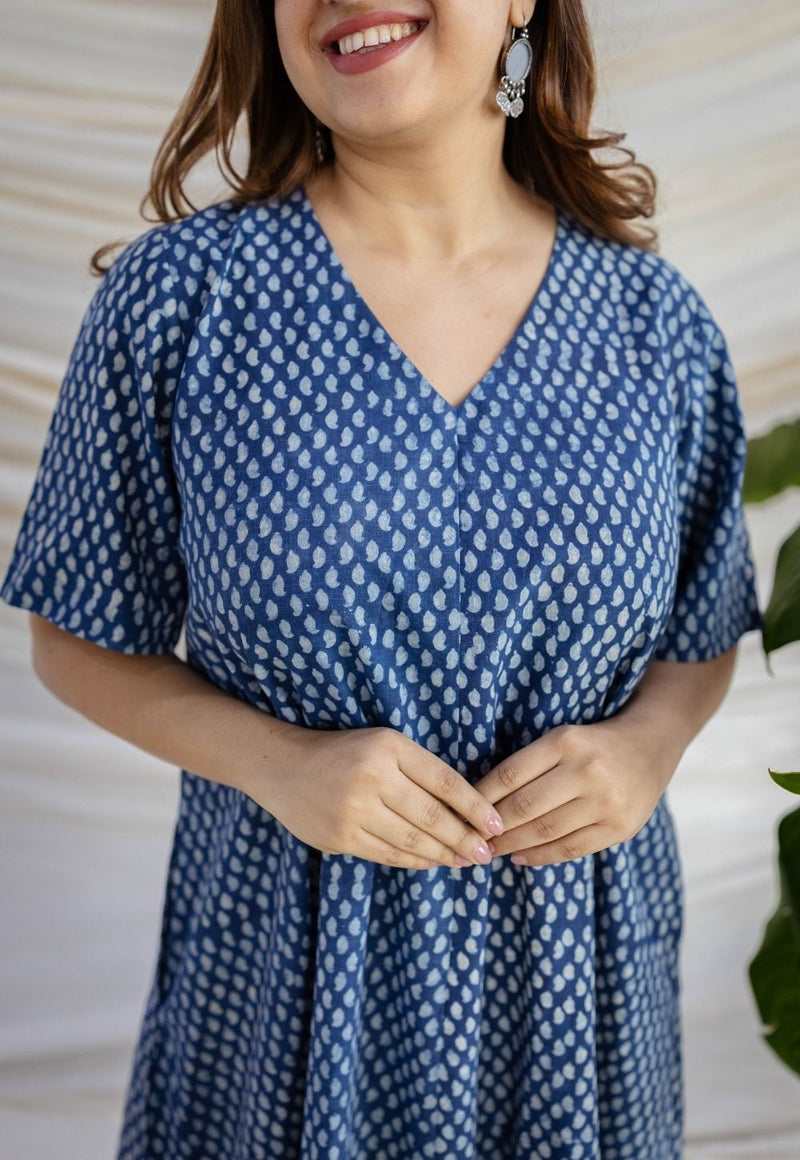 Manal Indigo Dabu Slub Cotton A Line Dress