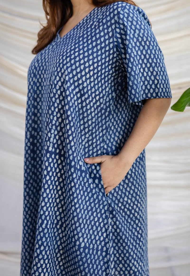 Manal Indigo Dabu Slub Cotton A Line Dress