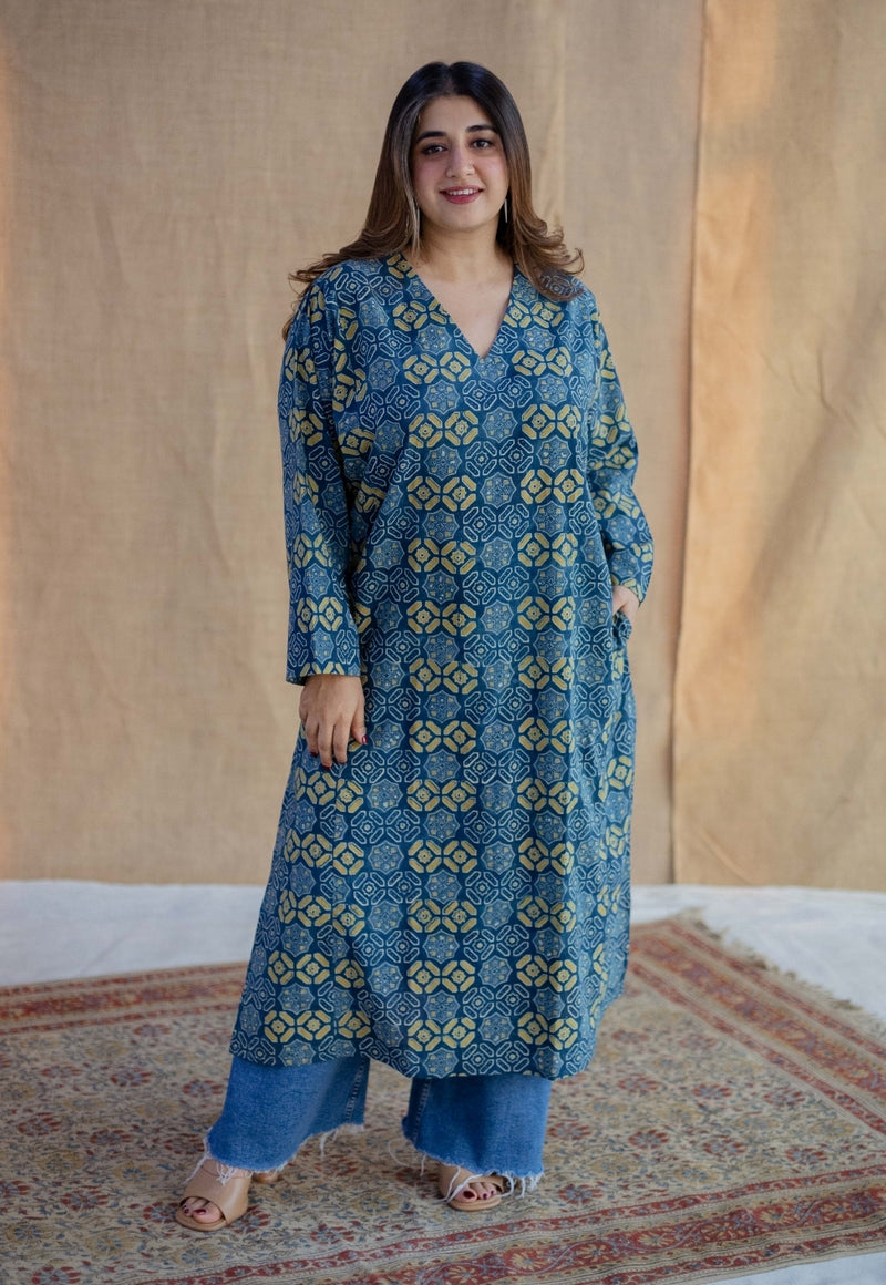 Ritika Blue Ajrakh Cotton Loose Kurta