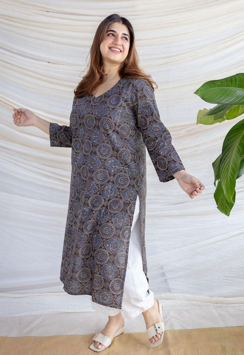 Aarushi Dark Brown Ajrakh Cotton Straight Kurta