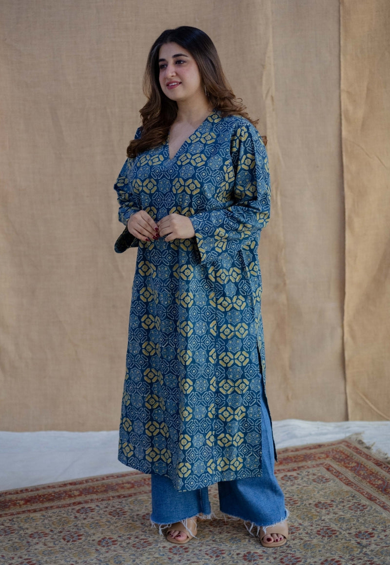 Ritika Blue Ajrakh Cotton Loose Kurta