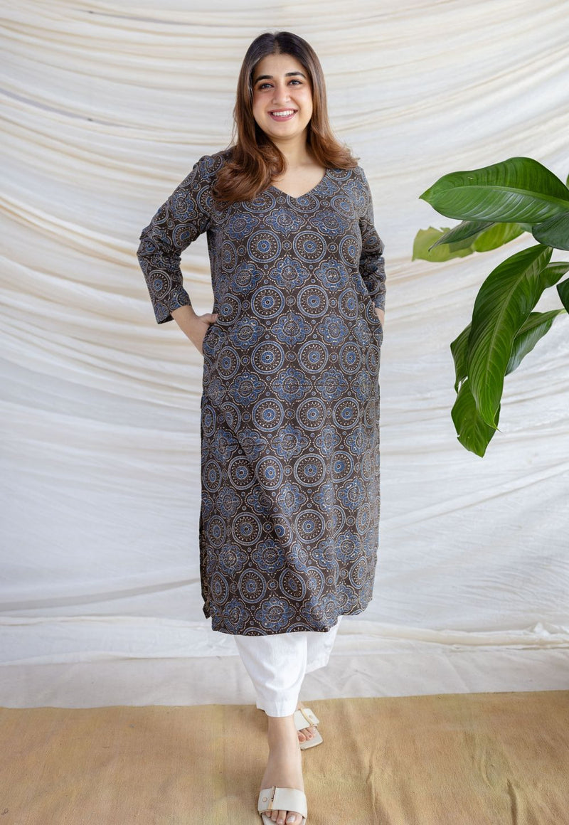 Aarushi Dark Brown Ajrakh Cotton Straight Kurta