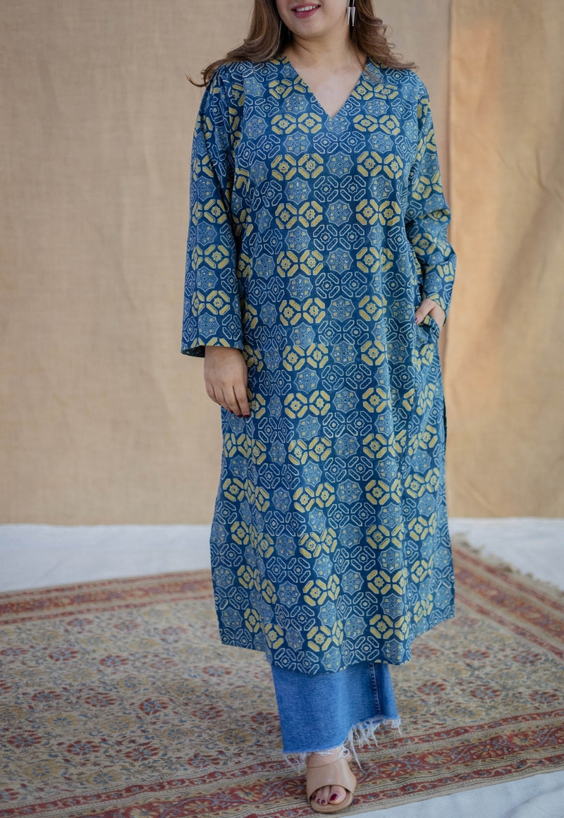 Ritika Blue Ajrakh Cotton Loose Kurta