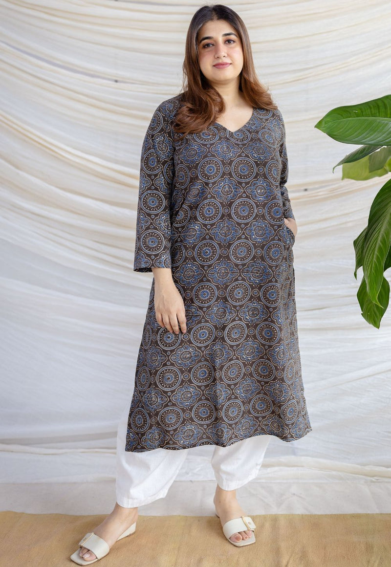 Aarushi Dark Brown Ajrakh Cotton Straight Kurta