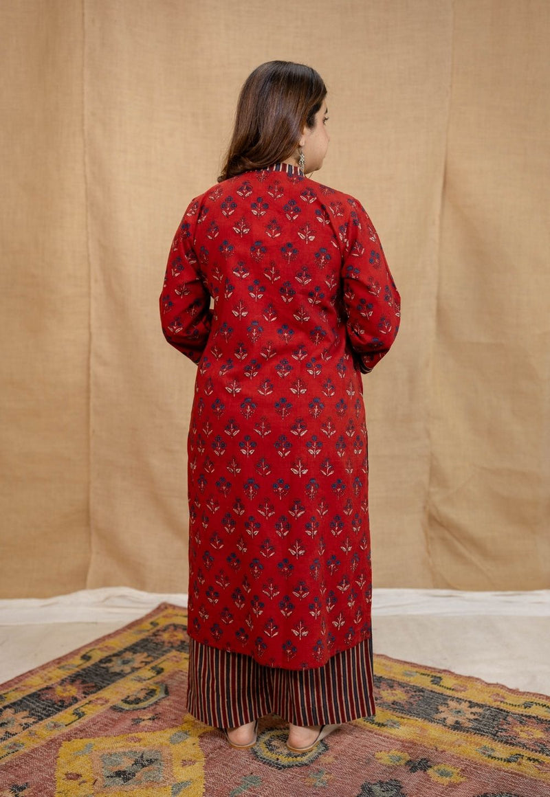 Yanha Red Ajrakh Cotton Straight Kurta