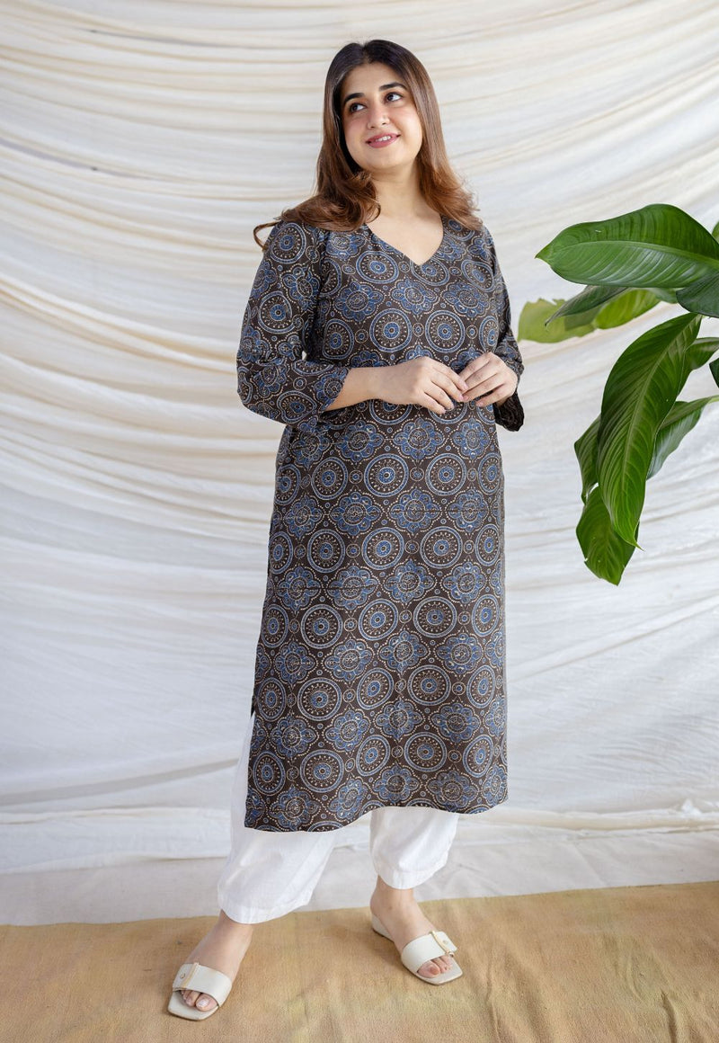 Aarushi Dark Brown Ajrakh Cotton Straight Kurta