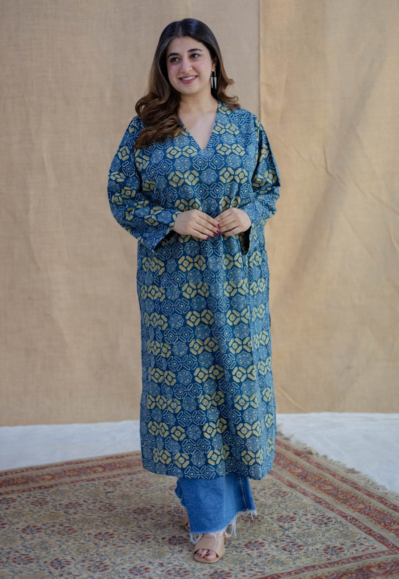 Ritika Blue Ajrakh Cotton Loose Kurta