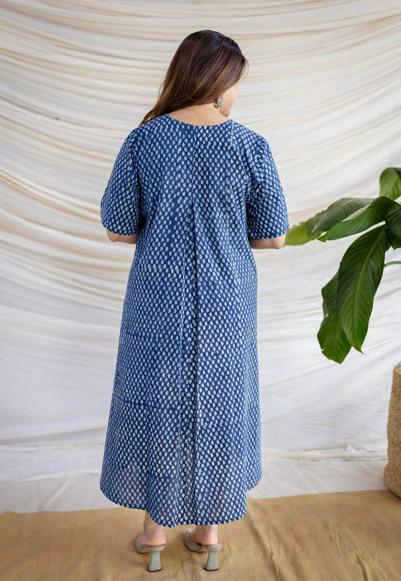 Manal Indigo Dabu Slub Cotton A Line Dress