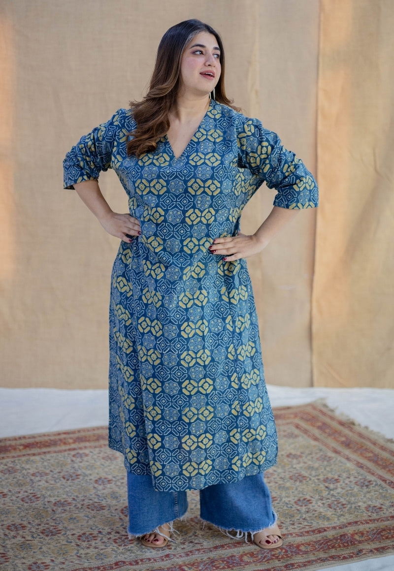 Ritika Blue Ajrakh Cotton Loose Kurta