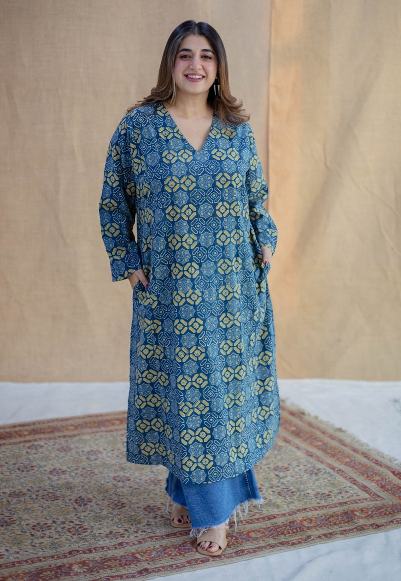 Ritika Blue Ajrakh Cotton Loose Kurta