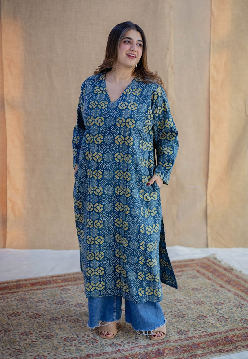 Ritika Blue Ajrakh Cotton Loose Kurta