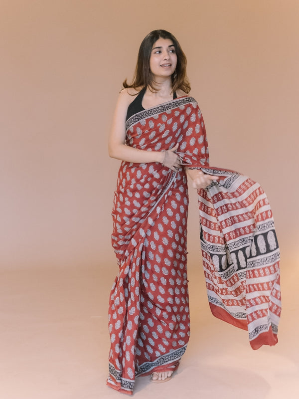 Red Butta Bagru Hand Block Print Modal Saree