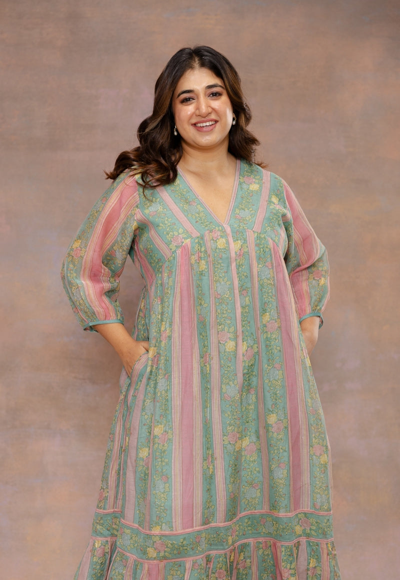 Rosy Blue Sanganeri Chanderi Silk A Line Dress with Hand Embroidery