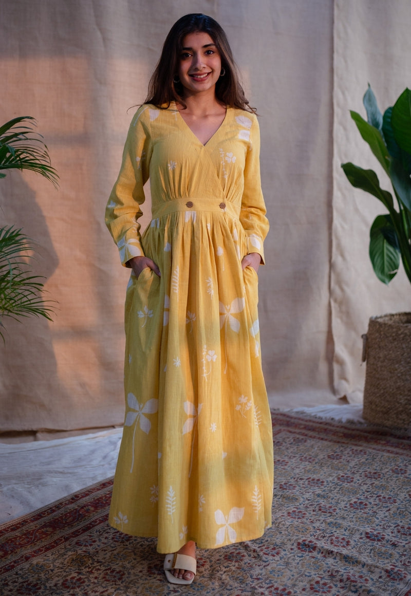 Kimaya Yellow A Line Dabu Slub Cotton Dress