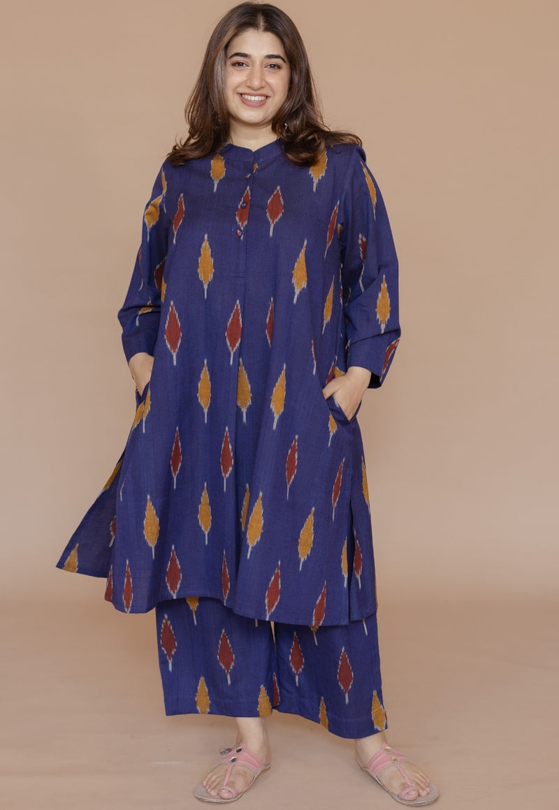 Ayaat Blue Handloom Ikkat Cotton Straight Kurta