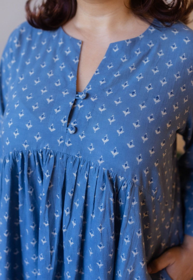 Apurva Blue Cotton Ajrakh A Line Kurta