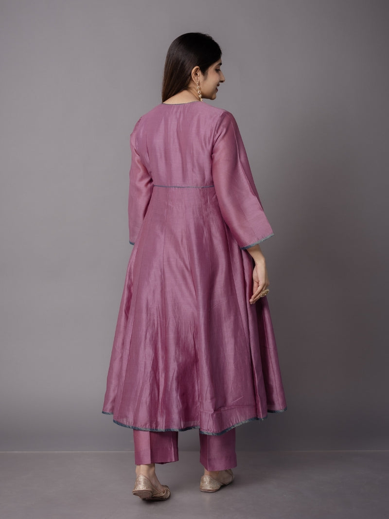 Deepa Purple Solid Chanderi Silk Kali Kurta with Hand Embroidery